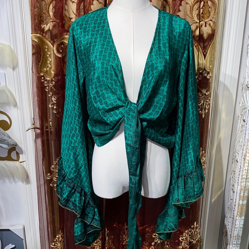 Emerald Green Tie-Front Blouse with Black Paisley Print